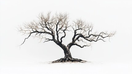 Fototapeta na wymiar A skeletal tree with sparse, brown leaves clinging to the tips of its twisted branches, set against a pure white background, evoking a sense of desolation.
