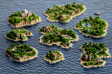 Aerial view of a stunning archipelago, multiple lush islands, detailed terrain, voxel art style, game-like aesthetic.  Perfect for fantasy, adventure, or game design projects.