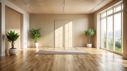 Fototapeta premium A Minimalist Interior Design with Wooden Flooring, Beige Walls, and Natural Light Streaming Through Large Windows
