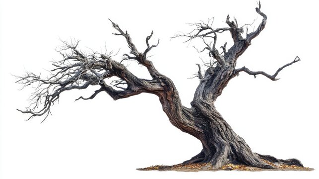 An old, dying tree with cracked bark and twisted limbs, the remnants of leaves barely clinging to its branches, on a blank, white background.