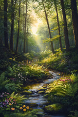 Obraz premium Sunlit Serenity: A Tranquil Escape in the Heart of the Forest