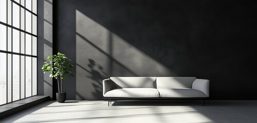 Obraz premium Spacious black room, sleek minimalist design, soft shadows, and clean lines defining contemporary space.