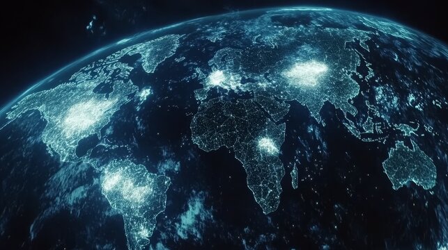 Blue digital world map with global network connections, representing big data, cloud computing, and internet technology advancements in a futuristic 3D visualization