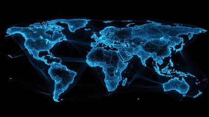 Blue digital world map with global network connections, representing big data, cloud computing, and internet technology advancements in a futuristic 3D visualization