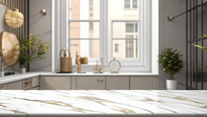 Fototapeta premium Marble stone counter top rounded table for product display, with modern apartment background