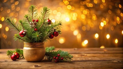Fototapeta premium Festive Evergreen Branch in a Gold Pot with Red Ornaments and a Rustic Wood Background