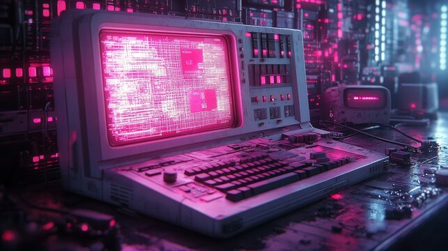 Retro futuristic computer with pink neon lights in a digital environment. - Powered by Adobe