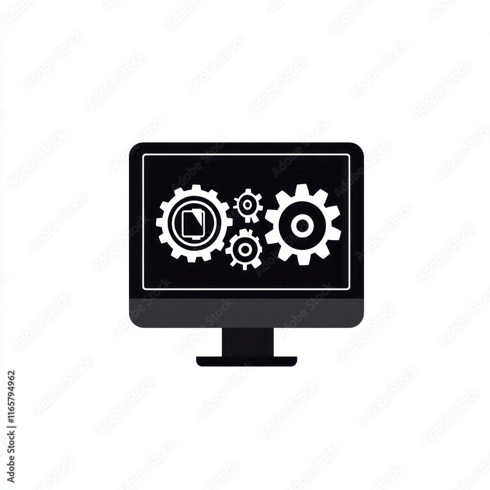 Poster computer screen displaying gears and a document