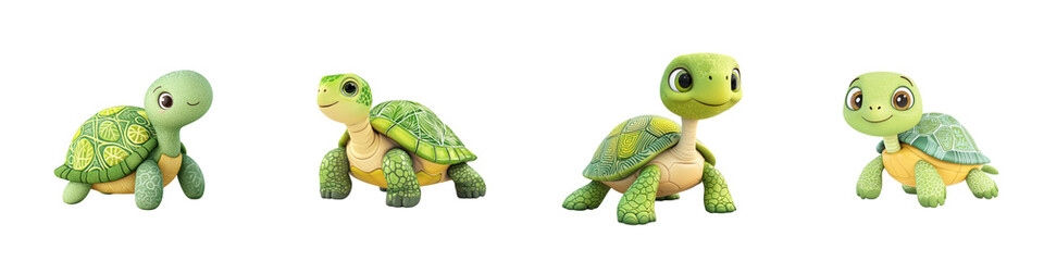 Obraz premium A series of four colorful, plush turtle toys in various poses, showcasing their cute features and playful design.