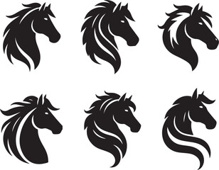 Horse head vector black silhouette lineart logo icon bundle, animal isolated on white background collection, creative minimal clean detail editable set