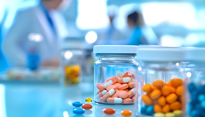 Pharmaceutical Products on Laboratory Desk with Researcher in Background

