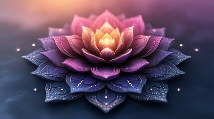 A luminous purple and gold lotus flower blossoms