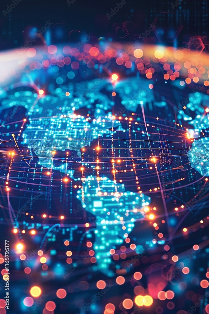 Poster a pixelated world map with chunky continents, glowing nodes representing major data hubs, pulsating 