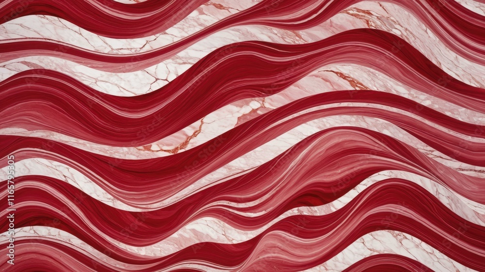 Wall mural Digital abstract artwork with undulating red and maroon bands over a marble-like background with pink veins