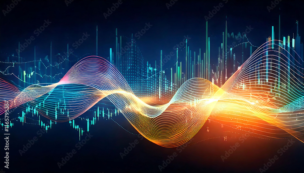 Poster dynamic abstract image depicting vibrant flowing lines interwoven with financial data charts. perfec