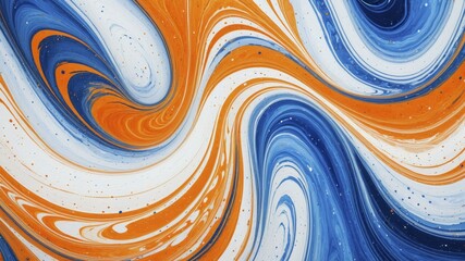 Abstract digital artwork with swirling orange, blue, and white patterns resembling marbled paint