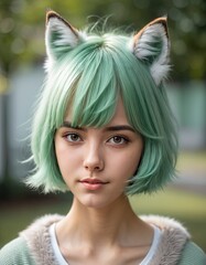 girl portrait with green hair and foxy ear
