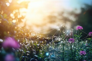 Nature merges with technology through digital connections in vibrant garden at sunset