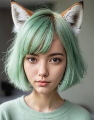 girl portrait with green hair and foxy ear