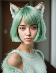 girl portrait with green hair and foxy ear