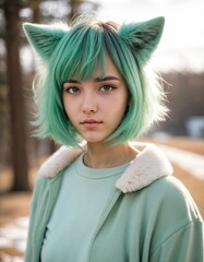 girl portrait with green hair and foxy ear