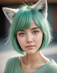 girl portrait with green hair and foxy ear