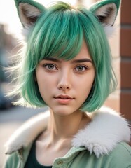 girl portrait with green hair and foxy ear