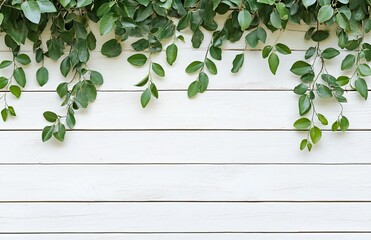 Lush green vines cascading over white wood planks.