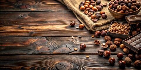 Naklejka premium A Rustic Still Life of Assorted Nuts, Chocolate, and Burlap on a Weathered Wooden Surface