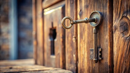Obraz premium A tarnished antique key protrudes from a wooden door, promising secrets and forgotten stories within.