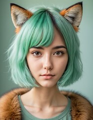 girl portrait with green hair and foxy ear