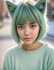 girl portrait with green hair and foxy ear