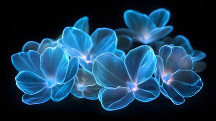 In the darkness, bioluminescent flowers glow in blue and teal hues on black background