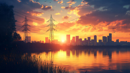 Naklejka premium A cityscape powered by efficient renewable energy sources during sunrise (3)