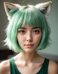 girl portrait with green hair and foxy ear