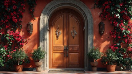 Fototapeta premium Sunlit arched wooden doorway with terracotta wall, bougainvillea, and potted plants.
