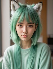 girl portrait with green hair and foxy ear