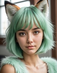 girl portrait with green hair and foxy ear