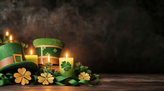 St. Patrick's Day Wallpaper Concept, Charming Rustic Backdrop with Green Shamrock Candles and Garlands for Celebration and Festivity