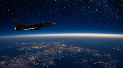 Obraz premium Futuristic Fighter Jet Soaring in the Deep Blue Night Sky. Advanced Military Aircraft Representing Power, Speed, and Precision in Modern Aviation Technology