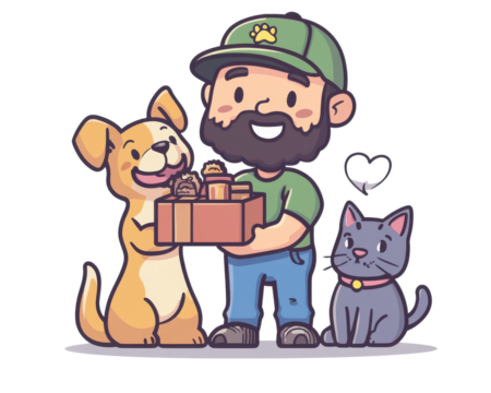 A cheerful man with a dog and cat holding gifts, cartoon style, white isolated background.