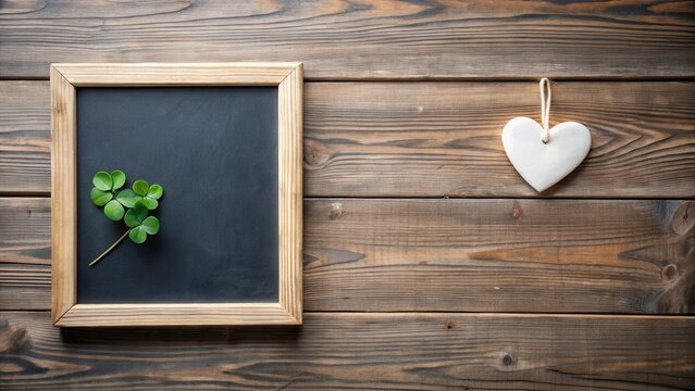 A rustic wooden background with a framed chalkboard, a four-leaf clover, and a white heart