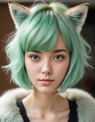 girl portrait with green hair and foxy ear
