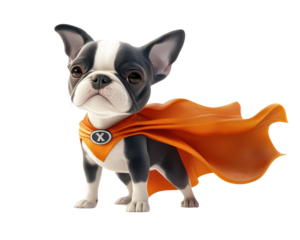 A cute dog dressed as a superhero with an orange cape on a white isolated background.