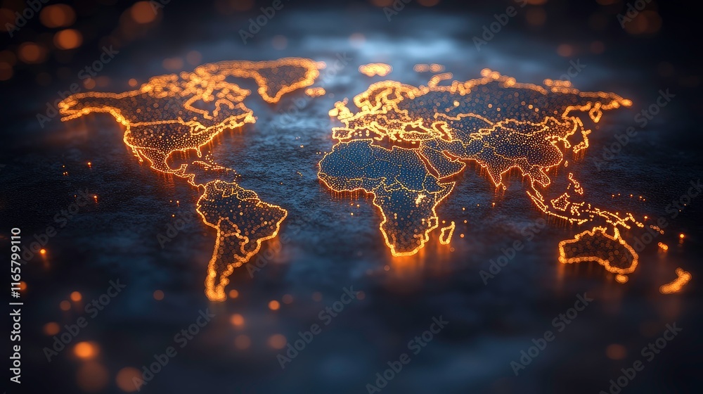 Poster abstract digital world map with glowing lines and dots representing global connections and network c