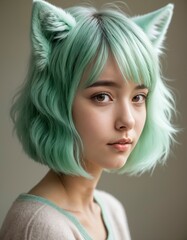 girl portrait with green hair and foxy ear