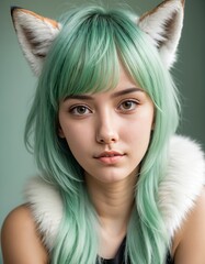 girl portrait with green hair and foxy ear