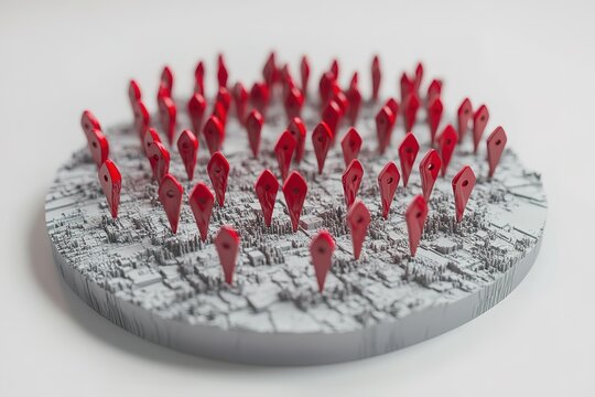 Numerous red location markers on a textured gray surface, suggesting a map or network.