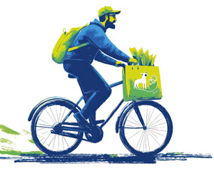 Obraz premium A cyclist rides with a green bag full of grass on an isolated background.