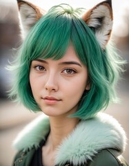 girl portrait with green hair and foxy ear